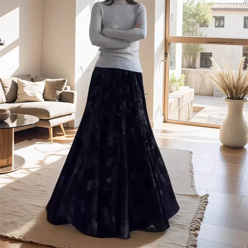 Lady Fashion Casual Type A Skirts Retro Women Printing Fish Tail Skirt Autumn Female High Waist Patchwork Gold Velvet Maxi Skirt