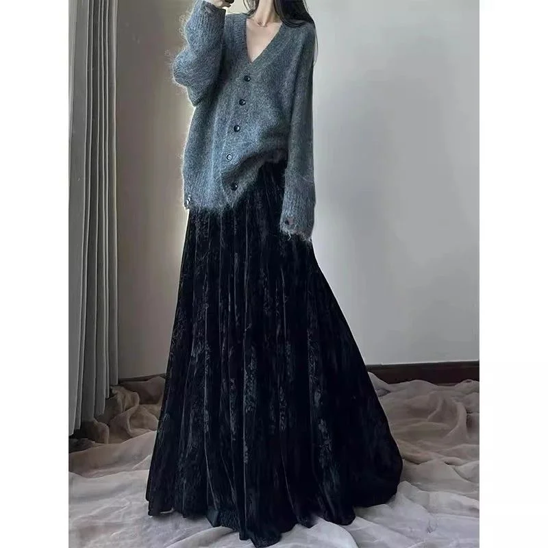 Lady Fashion Casual Type A Skirts Retro Women Printing Fish Tail Skirt Autumn Female High Waist Patchwork Gold Velvet Maxi Skirt