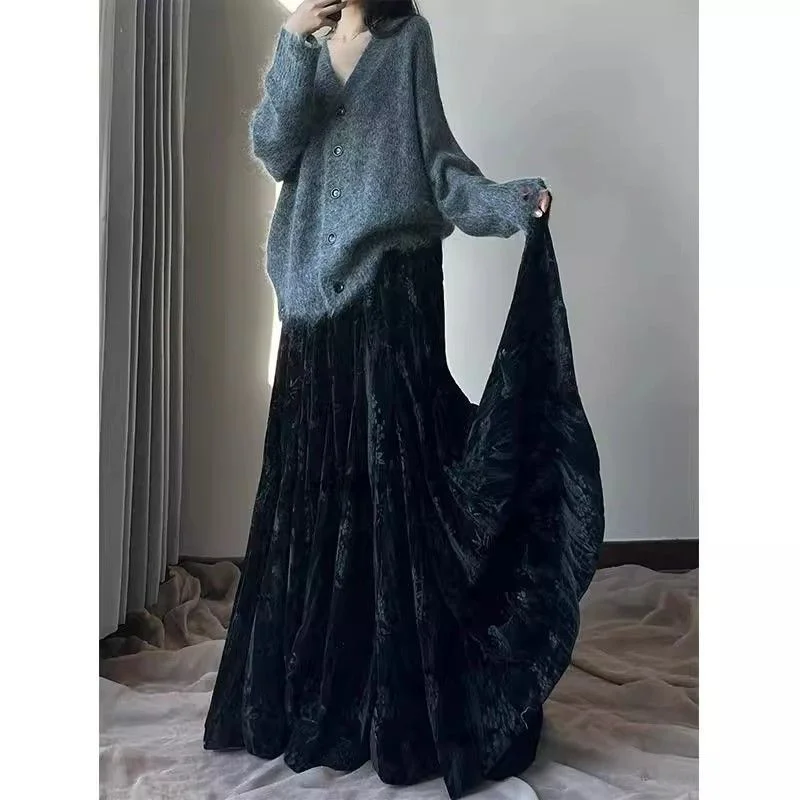 Lady Fashion Casual Type A Skirts Retro Women Printing Fish Tail Skirt Autumn Female High Waist Patchwork Gold Velvet Maxi Skirt