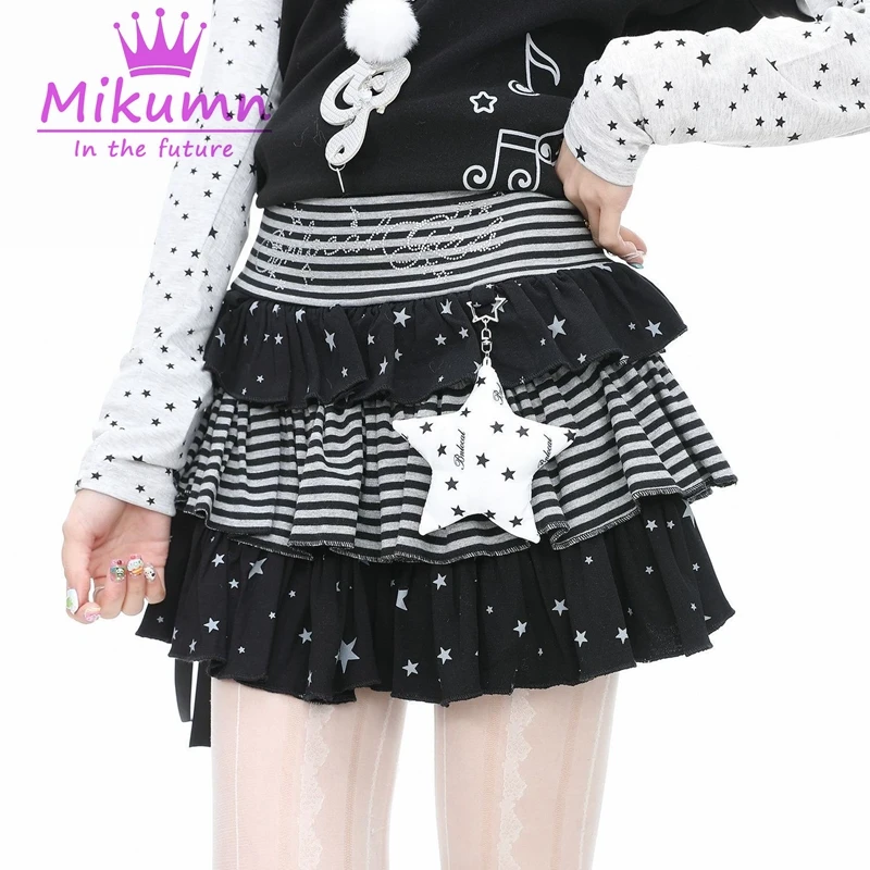 Mikumn Japanese Style Lolita Mini Skirts Women Gothic Stars Striped Patchwork Cake Skirt Y2k Punk Girls Kawaii Skirts Streetwear