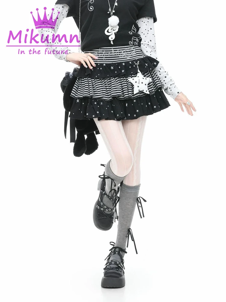 Mikumn Japanese Style Lolita Mini Skirts Women Gothic Stars Striped Patchwork Cake Skirt Y2k Punk Girls Kawaii Skirts Streetwear