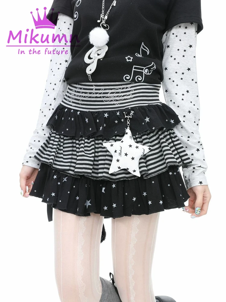 Mikumn Japanese Style Lolita Mini Skirts Women Gothic Stars Striped Patchwork Cake Skirt Y2k Punk Girls Kawaii Skirts Streetwear