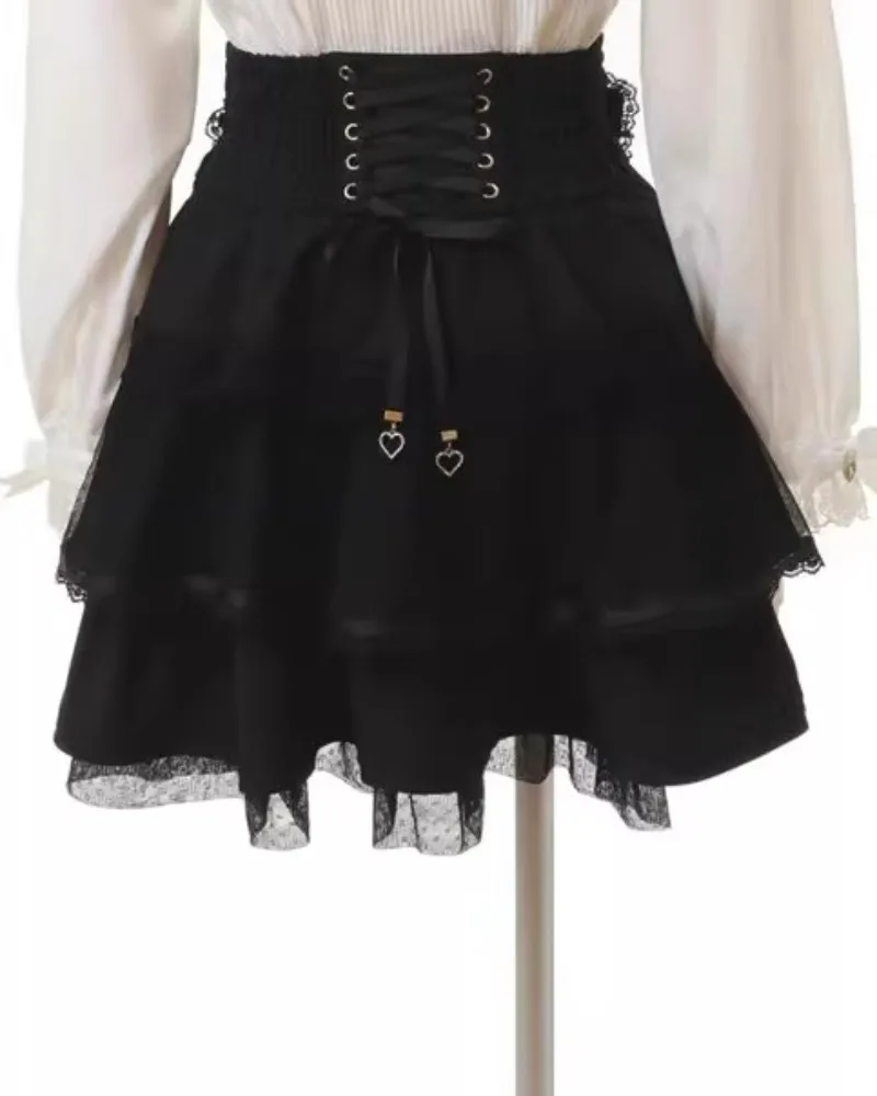 Japanese Sweet Lolita Style Mini Skirt Women Elegant Bow Pearl Chain Party Cake Skirts Female Gothic Y2k Lace Ruffle Short Skirt