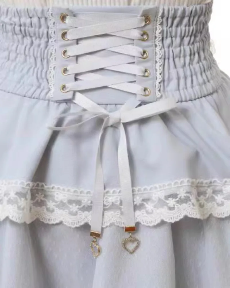 Japanese Sweet Lolita Style Mini Skirt Women Elegant Bow Pearl Chain Party Cake Skirts Female Gothic Y2k Lace Ruffle Short Skirt