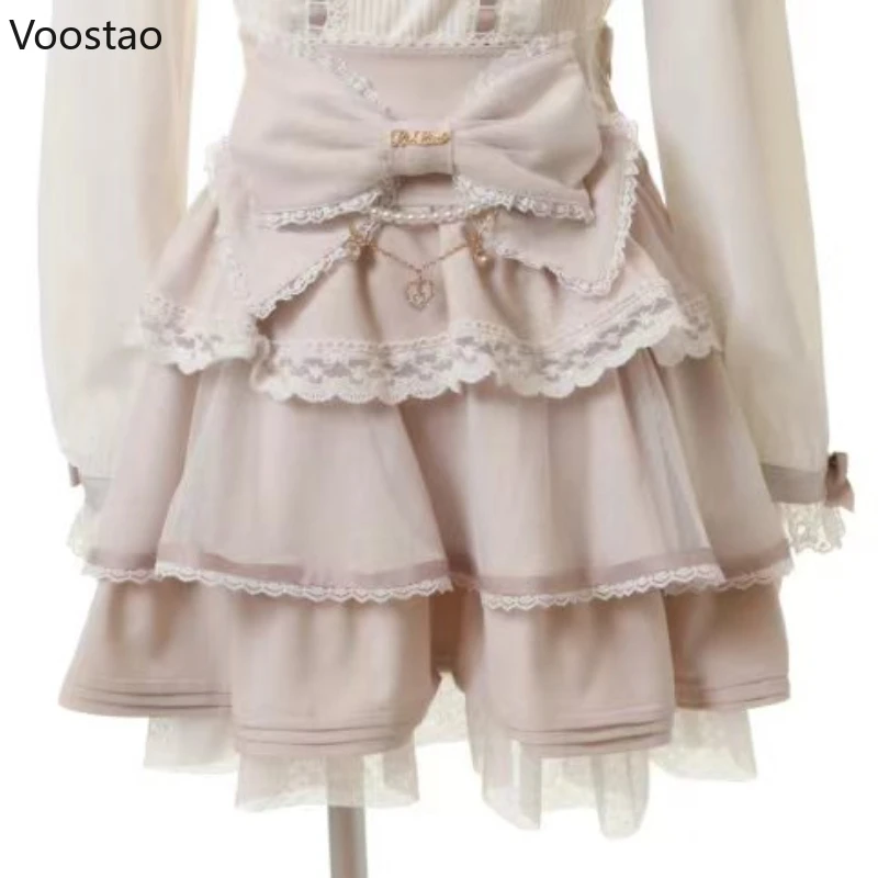 Japanese Sweet Lolita Style Mini Skirt Women Elegant Bow Pearl Chain Party Cake Skirts Female Gothic Y2k Lace Ruffle Short Skirt
