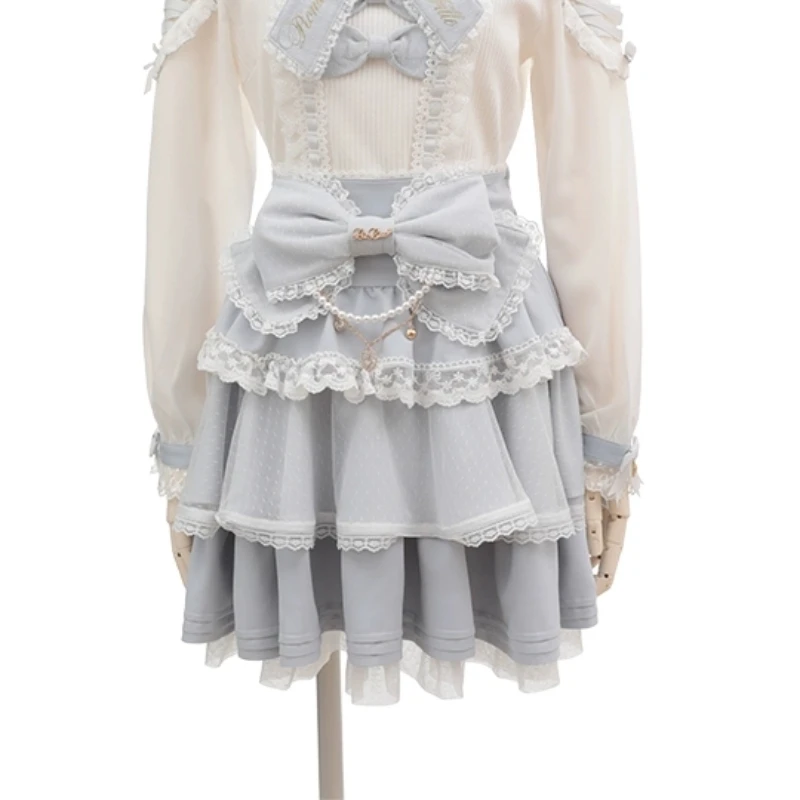 Japanese Sweet Lolita Style Mini Skirt Women Elegant Bow Pearl Chain Party Cake Skirts Female Gothic Y2k Lace Ruffle Short Skirt