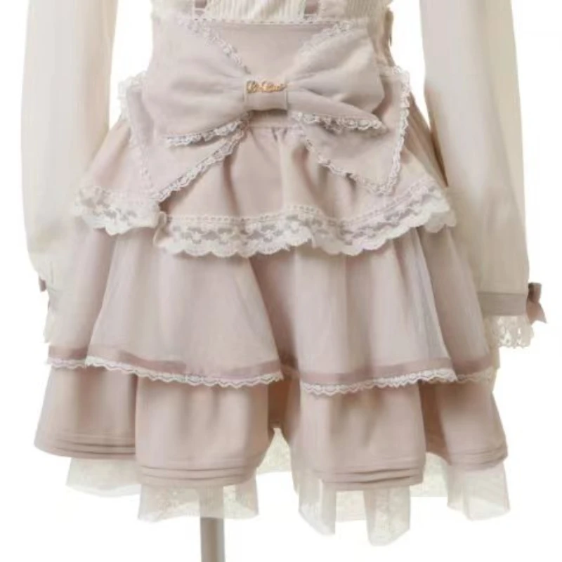 Japanese Sweet Lolita Style Mini Skirt Women Elegant Bow Pearl Chain Party Cake Skirts Female Gothic Y2k Lace Ruffle Short Skirt