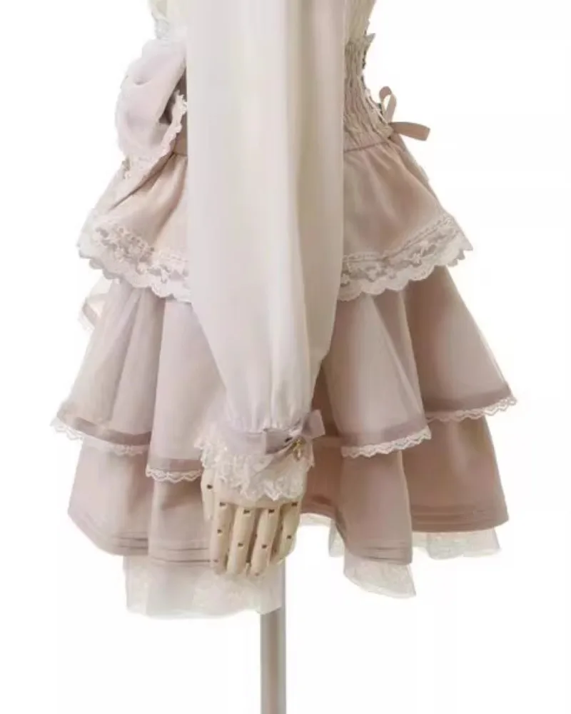 Japanese Sweet Lolita Style Mini Skirt Women Elegant Bow Pearl Chain Party Cake Skirts Female Gothic Y2k Lace Ruffle Short Skirt