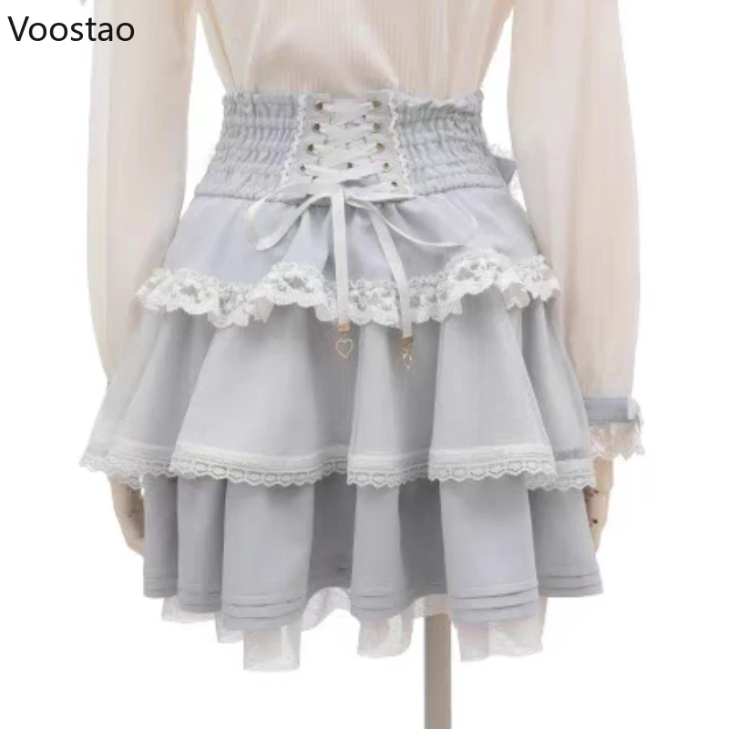 Japanese Sweet Lolita Style Mini Skirt Women Elegant Bow Pearl Chain Party Cake Skirts Female Gothic Y2k Lace Ruffle Short Skirt