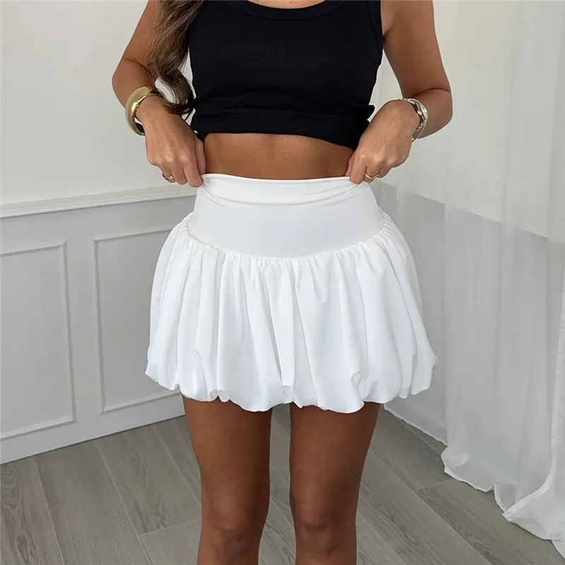 hirigin Women Pleated Bubble Mini Skirt Y2k Ruffle Hem Elastic Waist Puffy Short Skirt Tee Girls Cute Aline Balloon Skirt