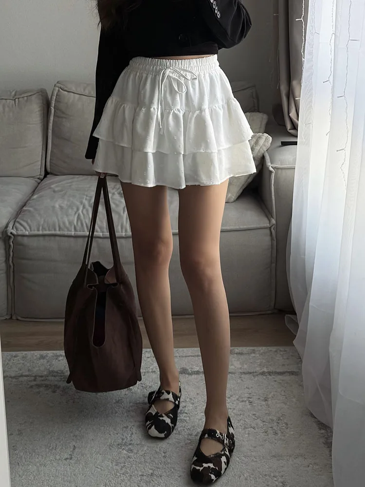 Streamgirl Women Mini Skirts With Shorts Under Summer Clothes Tie Up A Line Short White Pleated Ruffled Layered Skirt For Women