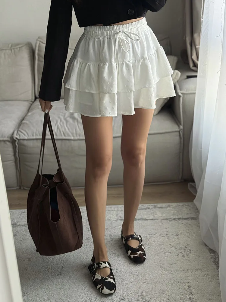 Streamgirl Women Mini Skirts With Shorts Under Summer Clothes Tie Up A Line Short White Pleated Ruffled Layered Skirt For Women