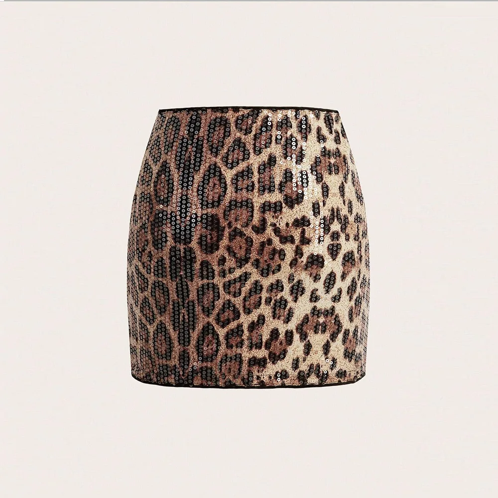 CMYAYA High Waist Women's Mini Skirt Leopard Sequined Sweet Slim Sexy Casual Elastic 2025 Spring Winter Street Skirts Vacation