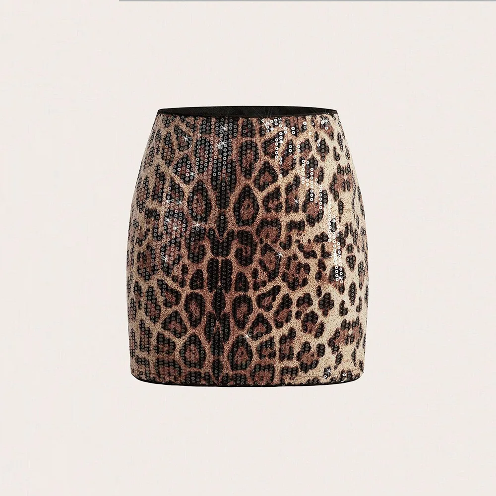 CMYAYA High Waist Women's Mini Skirt Leopard Sequined Sweet Slim Sexy Casual Elastic 2025 Spring Winter Street Skirts Vacation