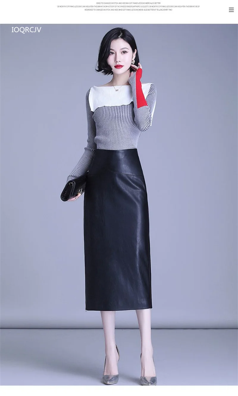 Women Sheepskin Skirt Wrap Hip Over The Knee Long Leather Skirts High-quality Female High Waist Sexy Split Package Hip Skirt 5XL