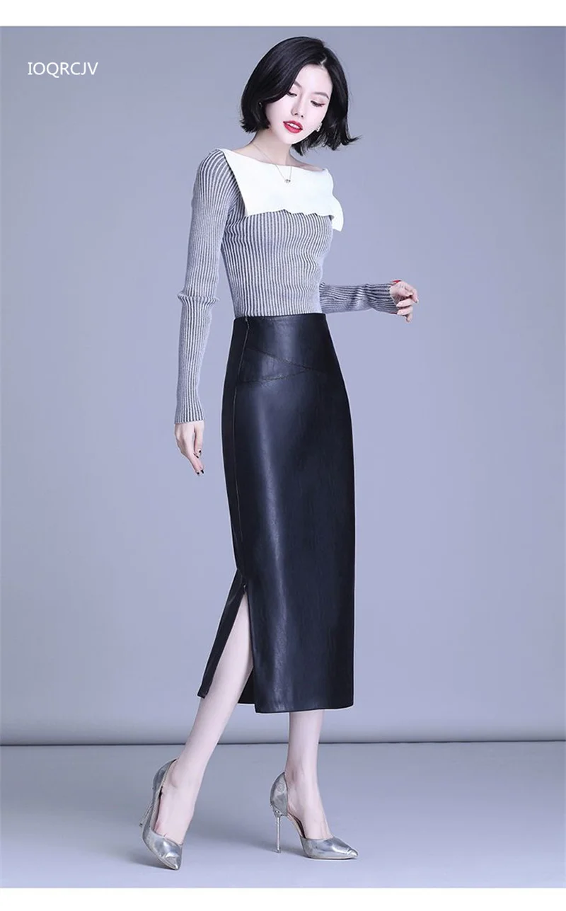 Women Sheepskin Skirt Wrap Hip Over The Knee Long Leather Skirts High-quality Female High Waist Sexy Split Package Hip Skirt 5XL