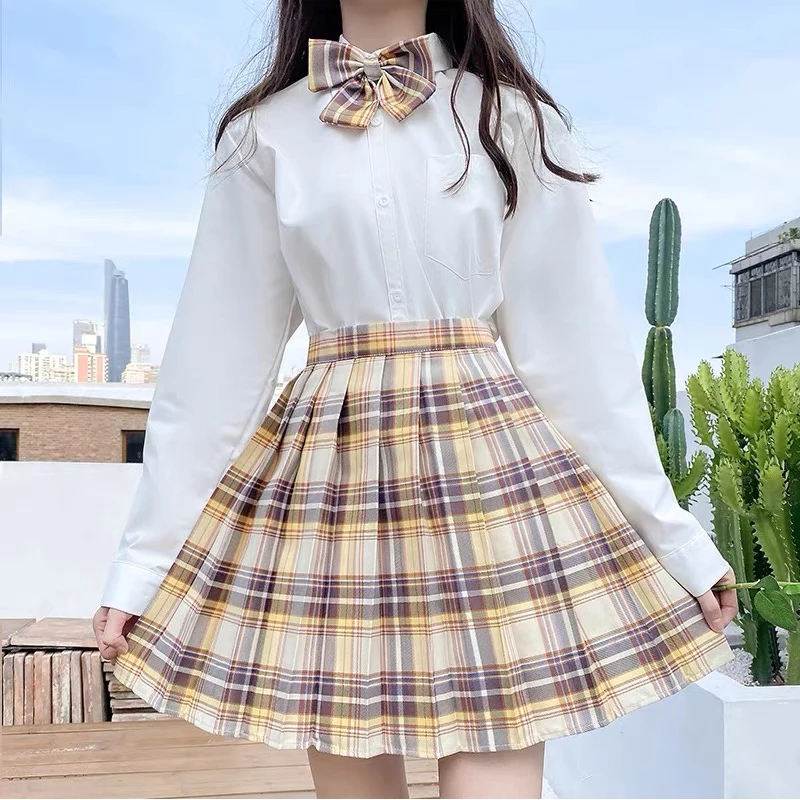 CZJMS Japan Women Pleated Skirt High Waist Fashion JK Plaid Mini Skirt Elegant Bow A Line Dancing Summer Girls Cosplay Faldas