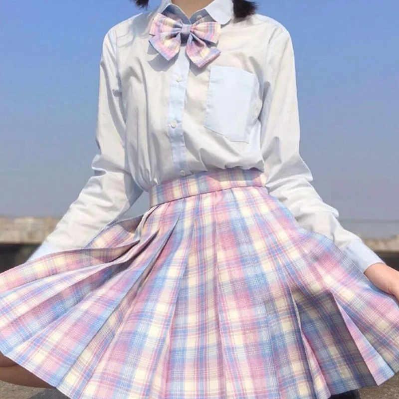 CZJMS Japan Women Pleated Skirt High Waist Fashion JK Plaid Mini Skirt Elegant Bow A Line Dancing Summer Girls Cosplay Faldas
