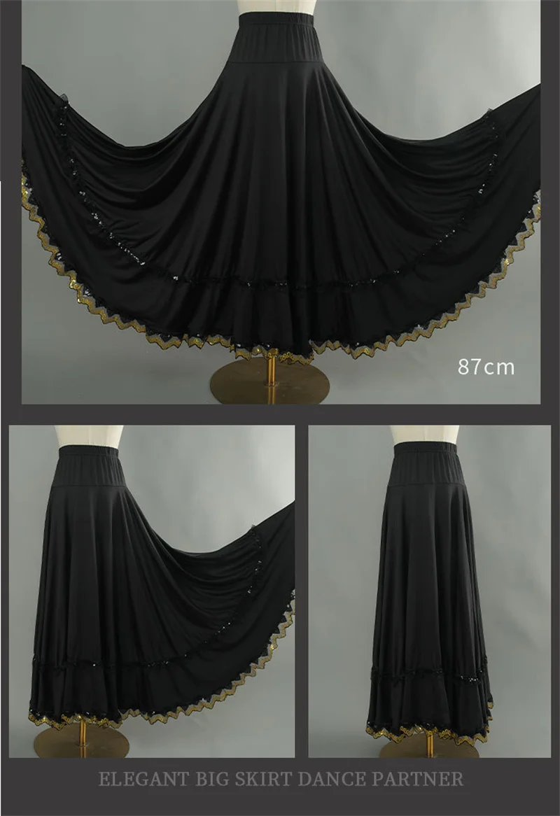 Elegant Square Danc Skirt Women National Style A-line Skirts Sequined Lace Milk Fiber Elastic-Waist Maxi Skirts 3 Kinds Lengths
