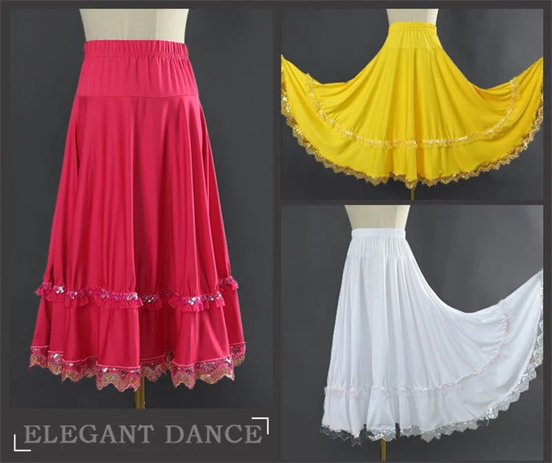 Elegant Square Danc Skirt Women National Style A-line Skirts Sequined Lace Milk Fiber Elastic-Waist Maxi Skirts 3 Kinds Lengths