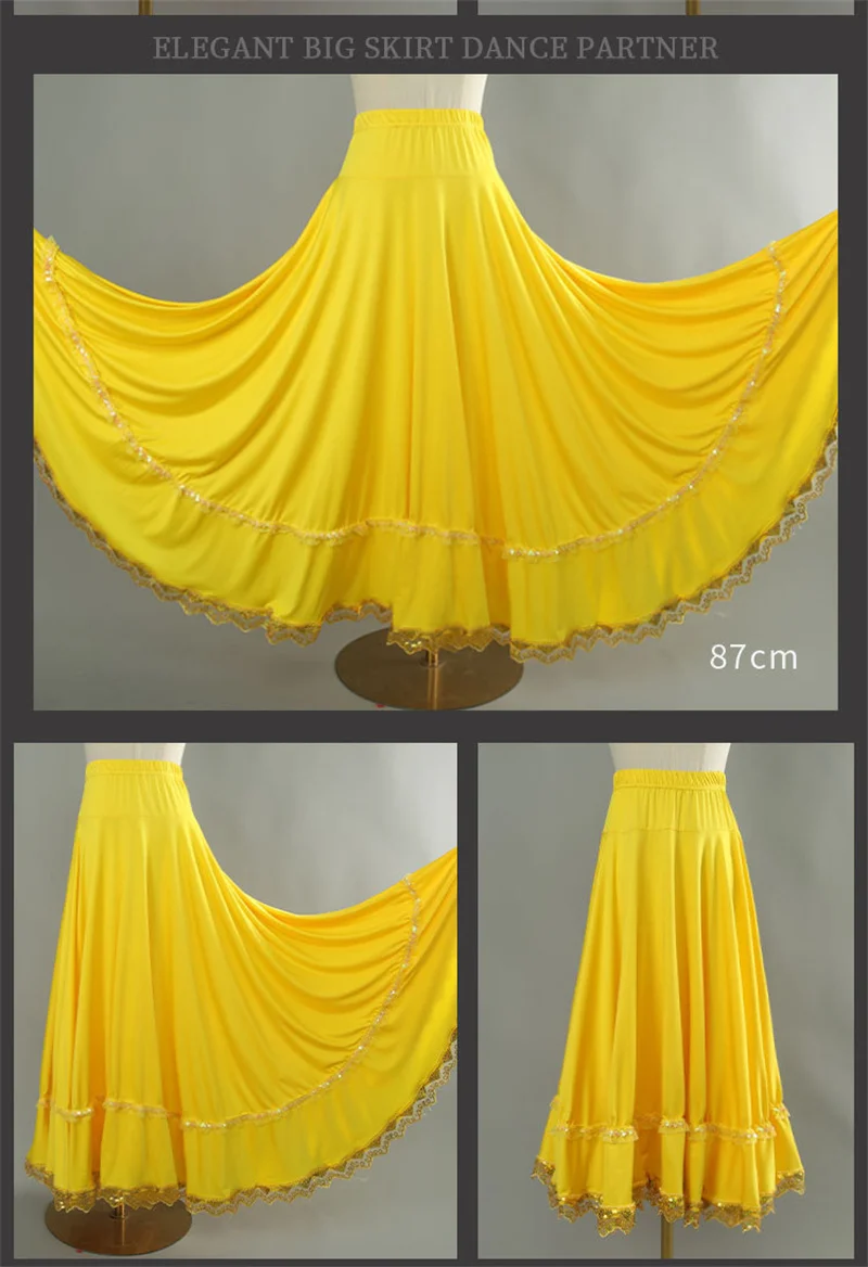 Elegant Square Danc Skirt Women National Style A-line Skirts Sequined Lace Milk Fiber Elastic-Waist Maxi Skirts 3 Kinds Lengths