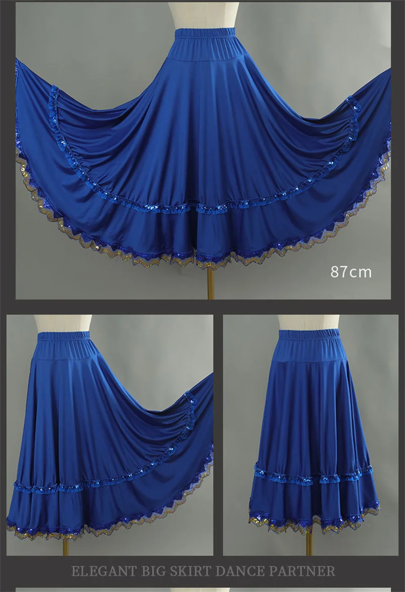 Elegant Square Danc Skirt Women National Style A-line Skirts Sequined Lace Milk Fiber Elastic-Waist Maxi Skirts 3 Kinds Lengths