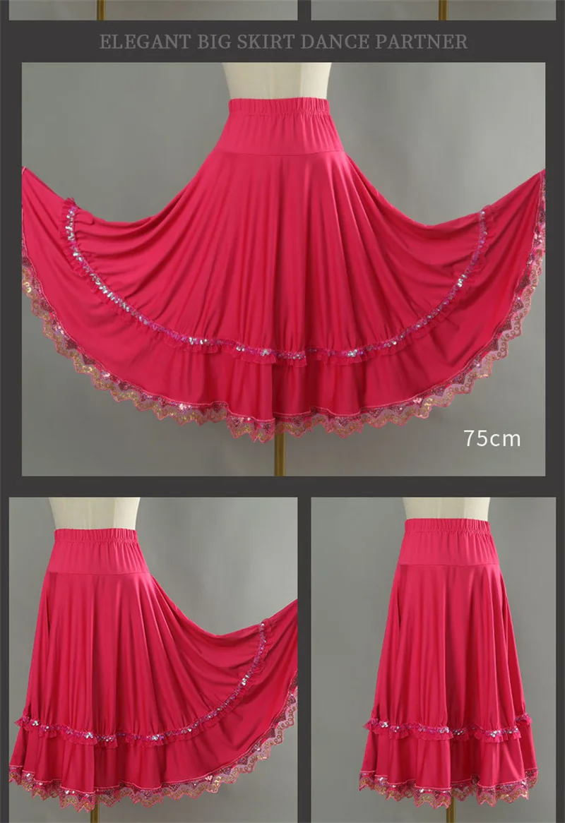 Elegant Square Danc Skirt Women National Style A-line Skirts Sequined Lace Milk Fiber Elastic-Waist Maxi Skirts 3 Kinds Lengths