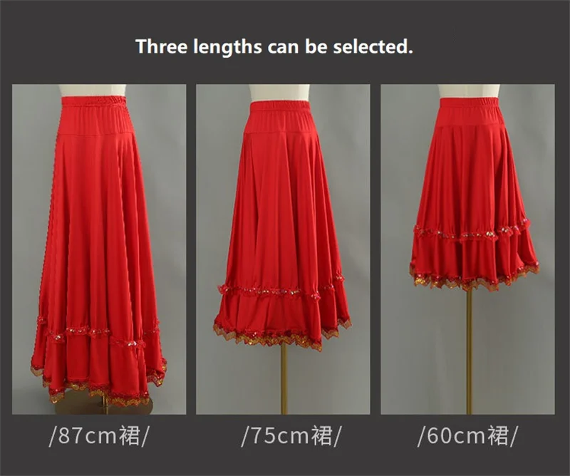 Elegant Square Danc Skirt Women National Style A-line Skirts Sequined Lace Milk Fiber Elastic-Waist Maxi Skirts 3 Kinds Lengths