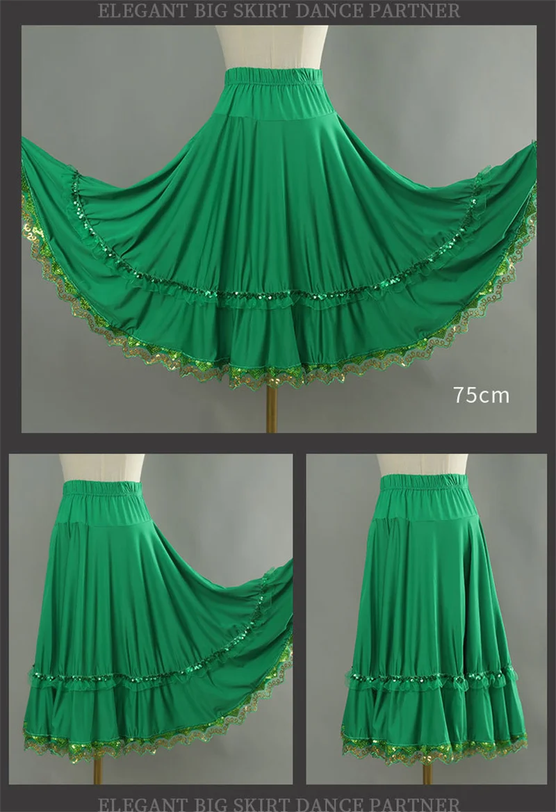 Elegant Square Danc Skirt Women National Style A-line Skirts Sequined Lace Milk Fiber Elastic-Waist Maxi Skirts 3 Kinds Lengths