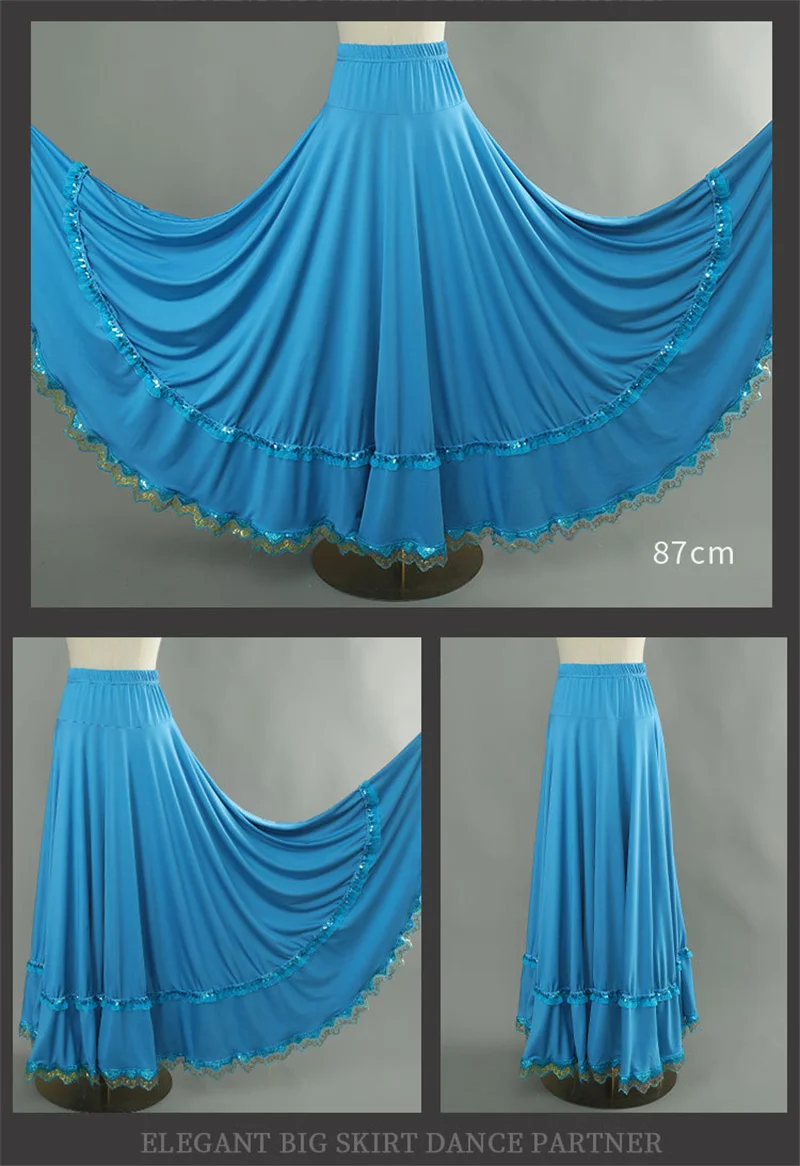 Elegant Square Danc Skirt Women National Style A-line Skirts Sequined Lace Milk Fiber Elastic-Waist Maxi Skirts 3 Kinds Lengths