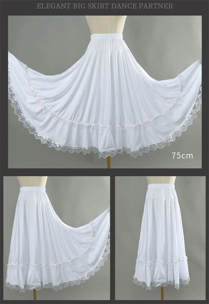 Elegant Square Danc Skirt Women National Style A-line Skirts Sequined Lace Milk Fiber Elastic-Waist Maxi Skirts 3 Kinds Lengths