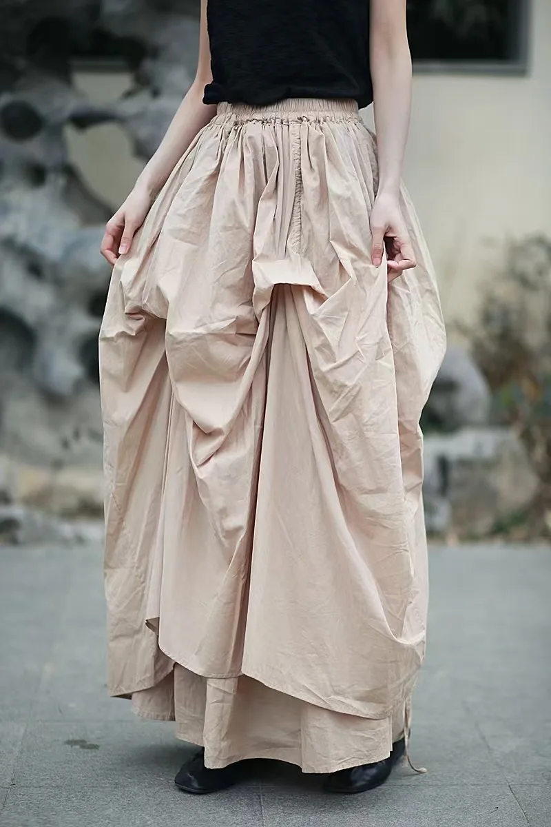 Johnature Women Vintage Irregular Cotton Skirts Elastic Waist Solid Color 2025 Summer New Fold A-Line Female Skirts