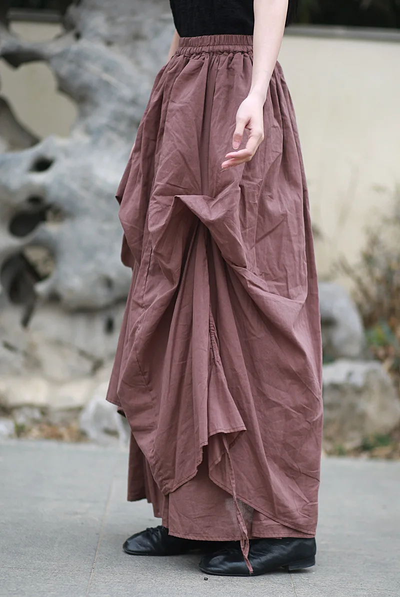 Johnature Women Vintage Irregular Cotton Skirts Elastic Waist Solid Color 2025 Summer New Fold A-Line Female Skirts