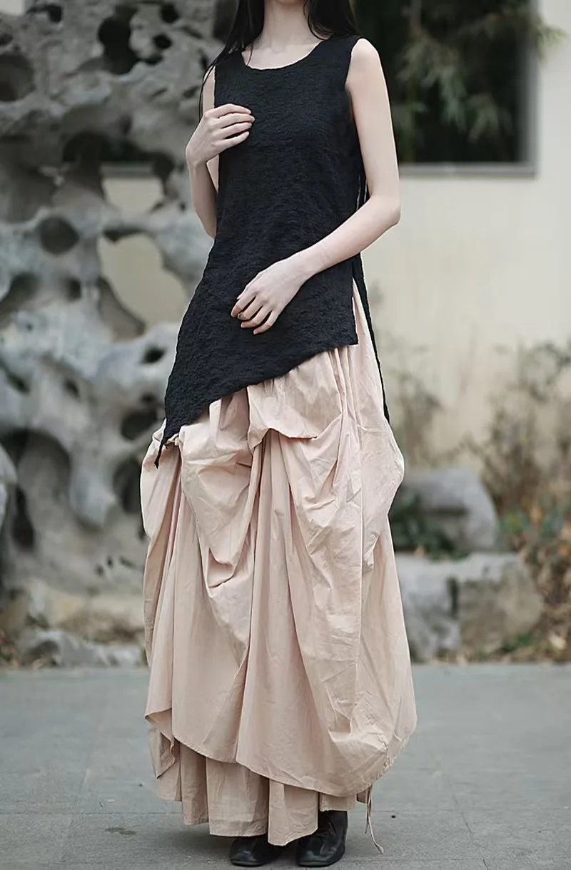 Johnature Women Vintage Irregular Cotton Skirts Elastic Waist Solid Color 2025 Summer New Fold A-Line Female Skirts