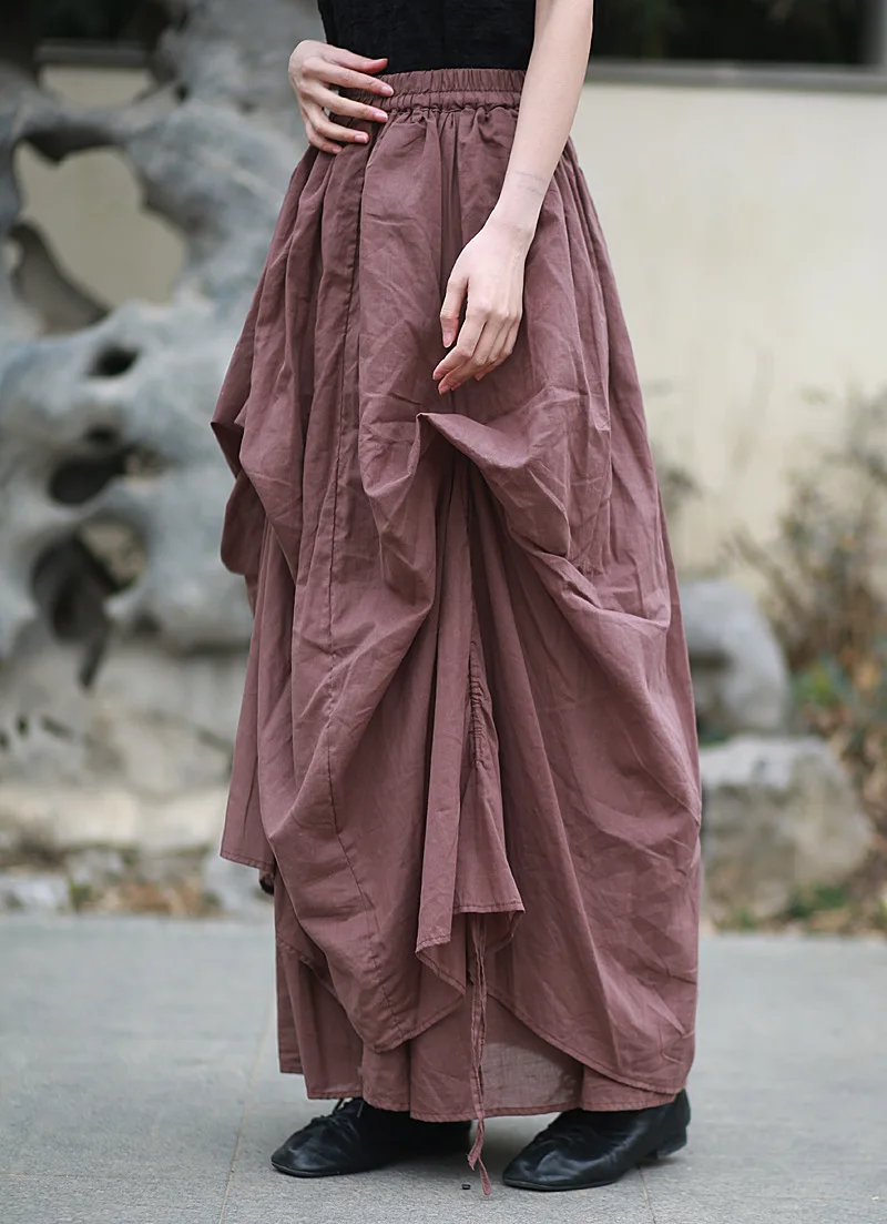 Johnature Women Vintage Irregular Cotton Skirts Elastic Waist Solid Color 2025 Summer New Fold A-Line Female Skirts