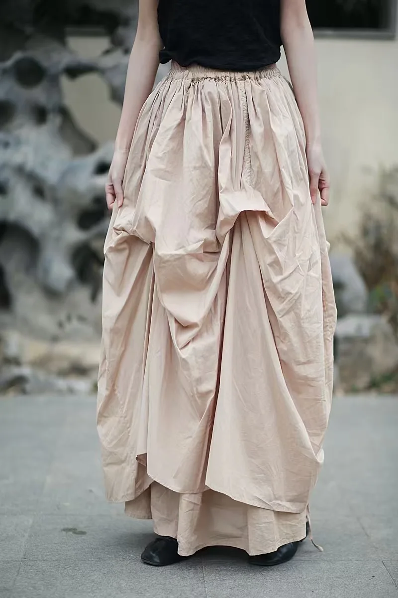 Johnature Women Vintage Irregular Cotton Skirts Elastic Waist Solid Color 2025 Summer New Fold A-Line Female Skirts