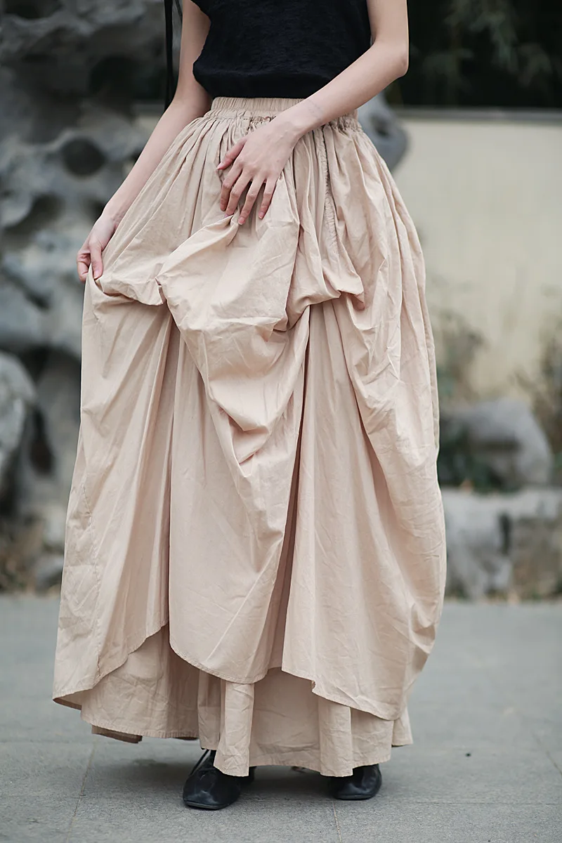 Johnature Women Vintage Irregular Cotton Skirts Elastic Waist Solid Color 2025 Summer New Fold A-Line Female Skirts