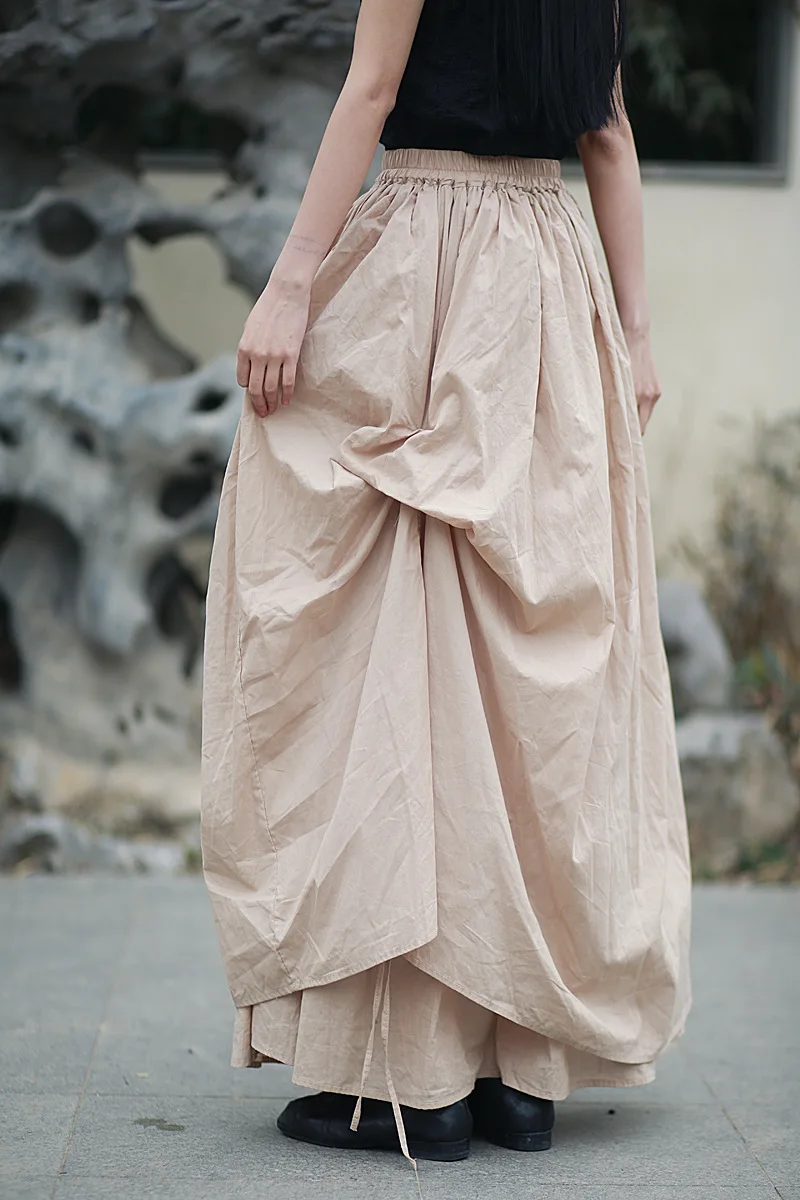 Johnature Women Vintage Irregular Cotton Skirts Elastic Waist Solid Color 2025 Summer New Fold A-Line Female Skirts