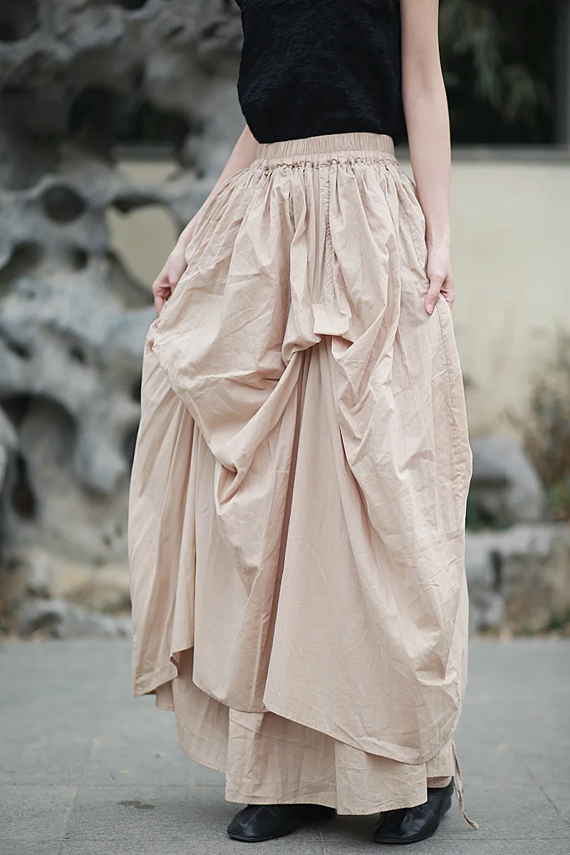 Johnature Women Vintage Irregular Cotton Skirts Elastic Waist Solid Color 2025 Summer New Fold A-Line Female Skirts