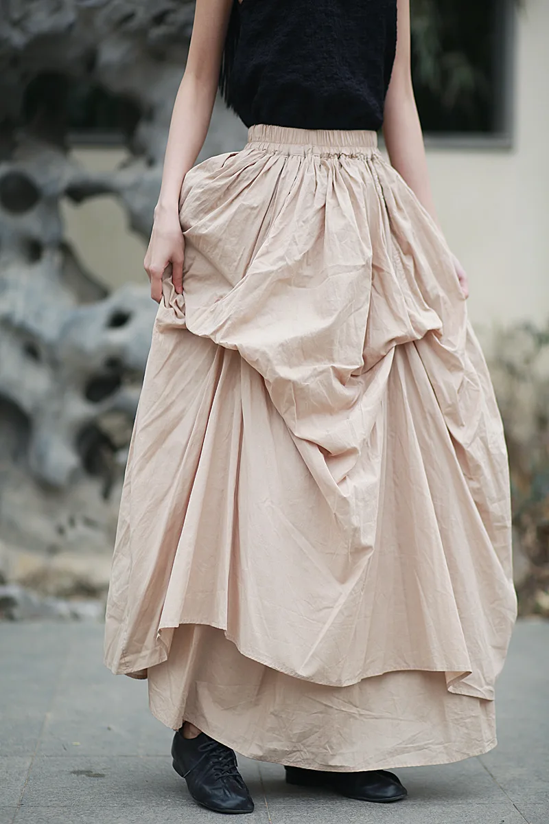 Johnature Women Vintage Irregular Cotton Skirts Elastic Waist Solid Color 2025 Summer New Fold A-Line Female Skirts