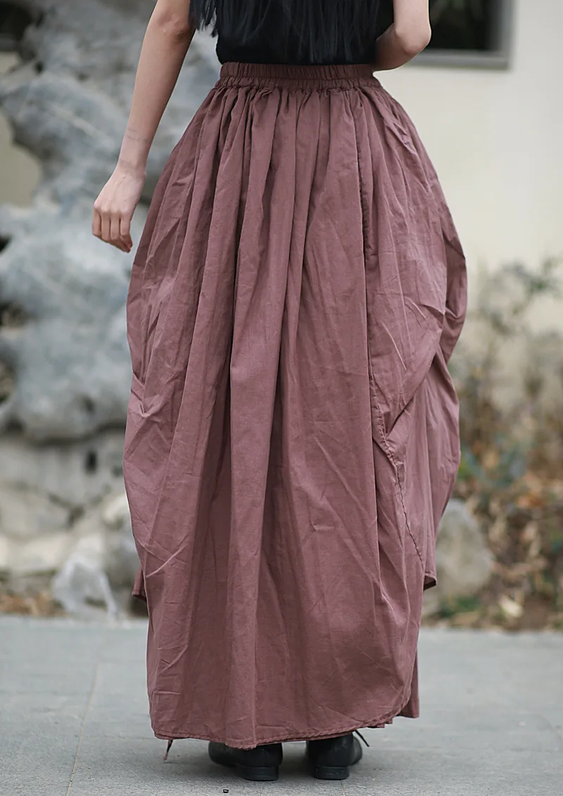 Johnature Women Vintage Irregular Cotton Skirts Elastic Waist Solid Color 2025 Summer New Fold A-Line Female Skirts
