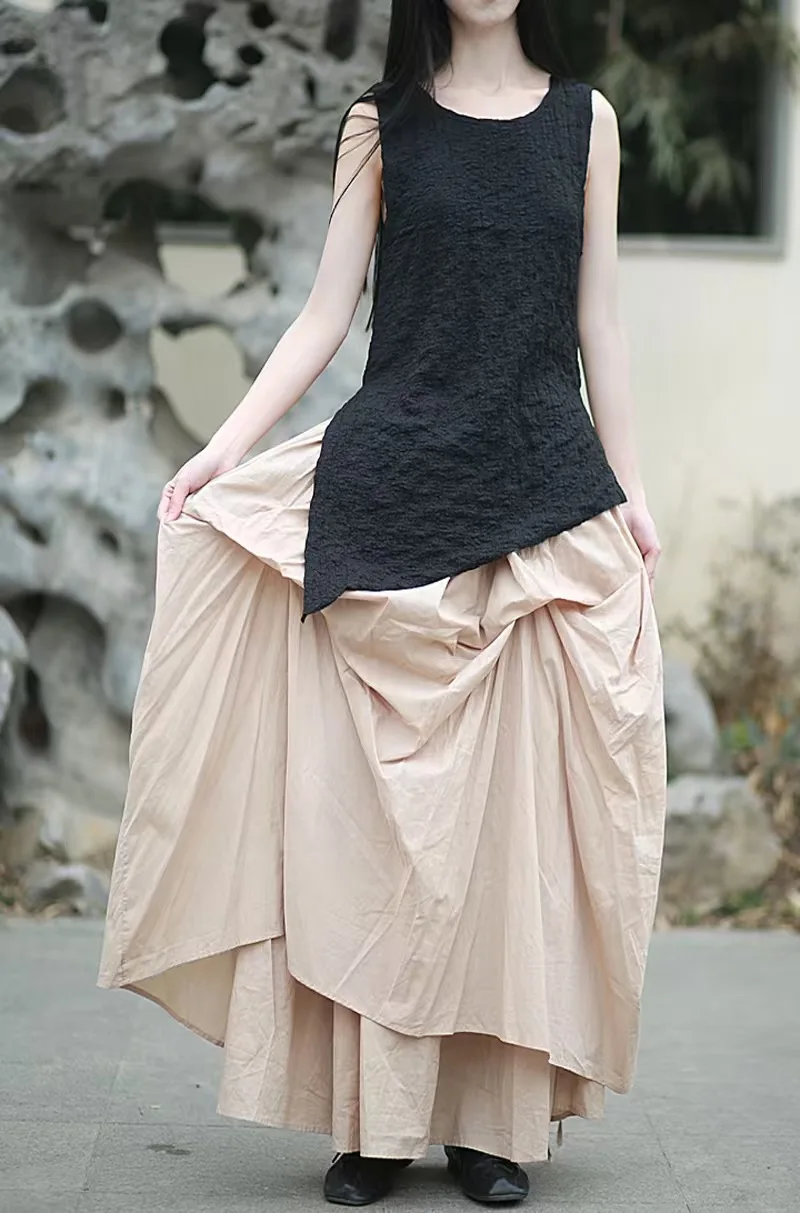 Johnature Women Vintage Irregular Cotton Skirts Elastic Waist Solid Color 2025 Summer New Fold A-Line Female Skirts
