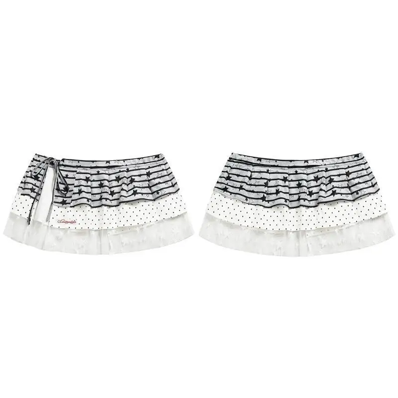 Harajuku Stripe Patchwork Grunge Skirts Women Y2k Aesthetic High Waist Cake Mini Skirt Streetwear Vintage Bandage Kawaii Jupe