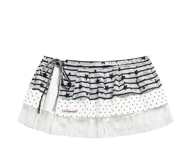 Harajuku Stripe Patchwork Grunge Skirts Women Y2k Aesthetic High Waist Cake Mini Skirt Streetwear Vintage Bandage Kawaii Jupe