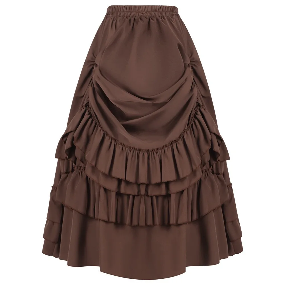Brown Cotton Ruffles Long Asymmetrical Victorian Gothic Skirt Hot Sexy y2k Clothes Steampunk Cosplay Women Vintage Skirts 2024