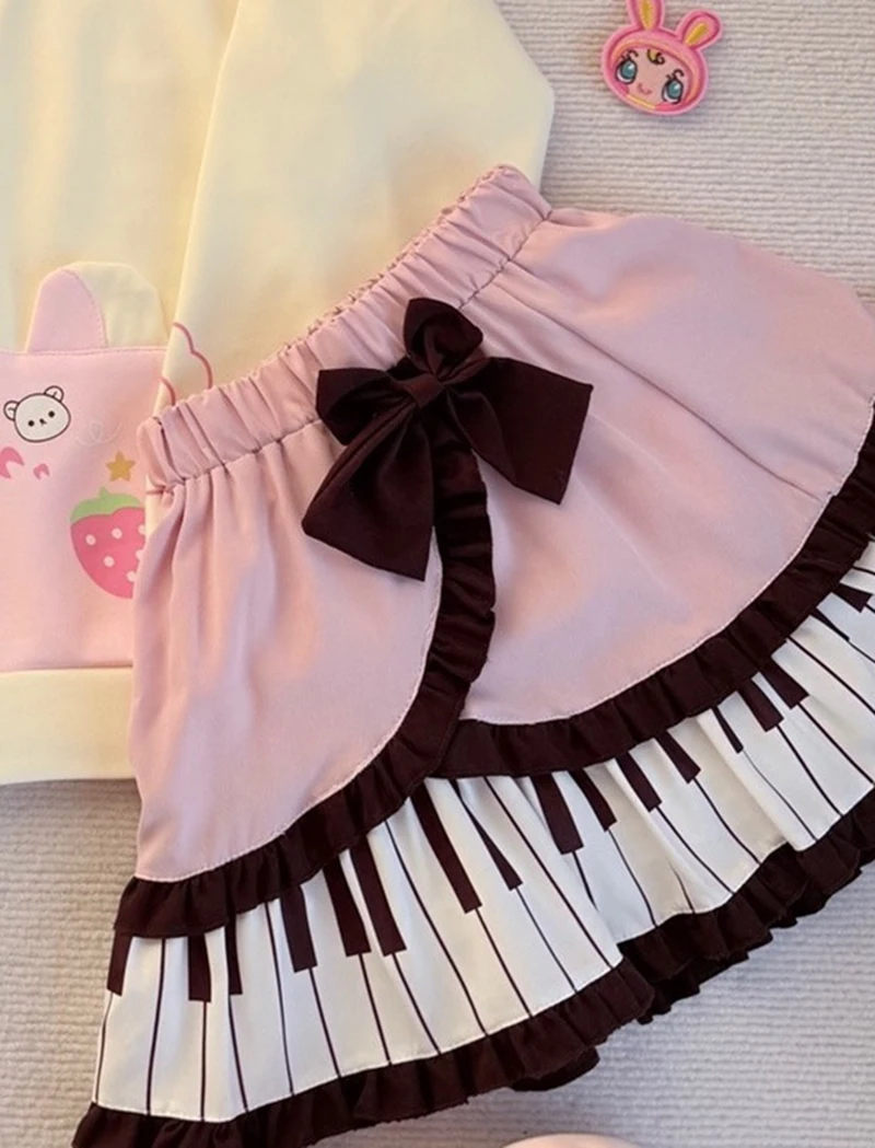 Y2K Kawaii Bow Mini Skirt Women Japanese Harajuku Piano Key Patchwork Ball Gown Skirts Summer Cutecore Design A Line Faldas New