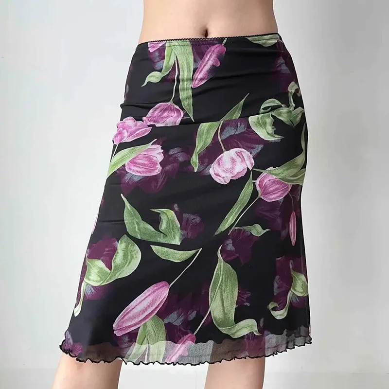 Vintage Floral Mesh Skirt Women High Waist Streetwear Slim Midi Mermaid Skirts Spring Summer American Retro Sexy Harajuku Skirts