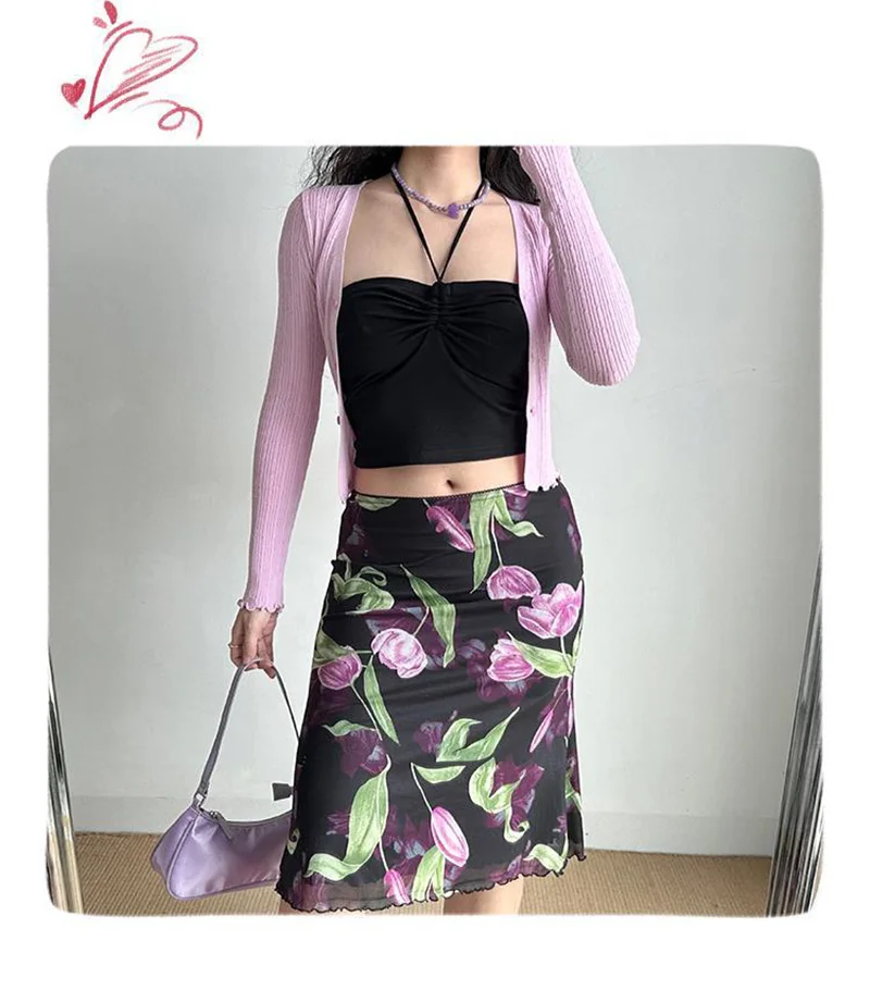 Vintage Floral Mesh Skirt Women High Waist Streetwear Slim Midi Mermaid Skirts Spring Summer American Retro Sexy Harajuku Skirts