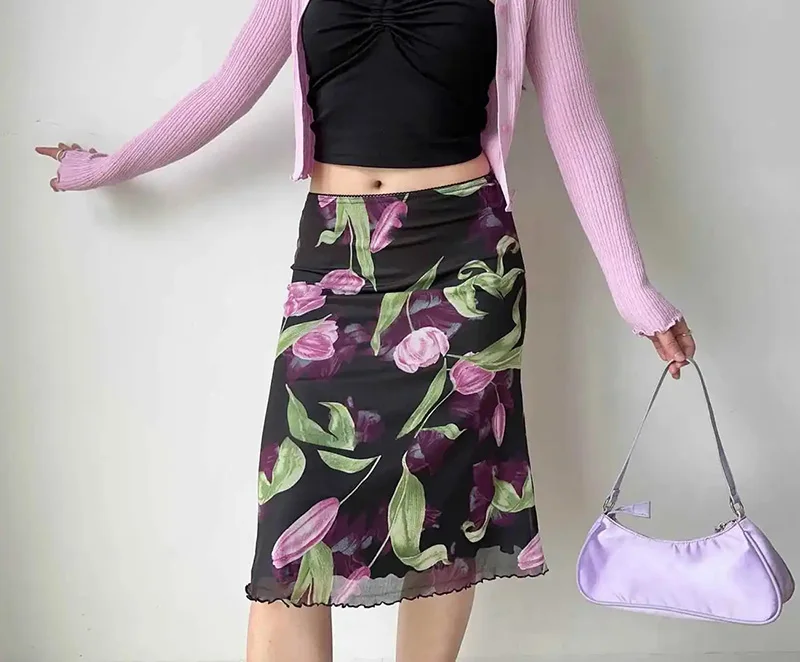 Vintage Floral Mesh Skirt Women High Waist Streetwear Slim Midi Mermaid Skirts Spring Summer American Retro Sexy Harajuku Skirts