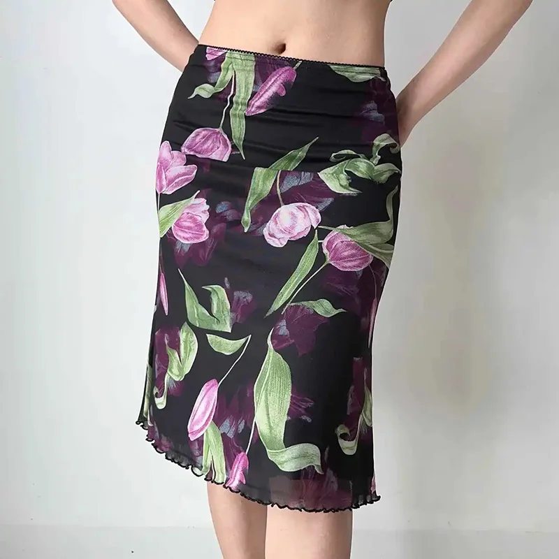 Vintage Floral Mesh Skirt Women High Waist Streetwear Slim Midi Mermaid Skirts Spring Summer American Retro Sexy Harajuku Skirts